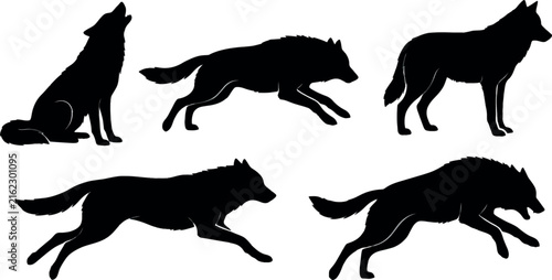 Wolf silhouettes in various poses during nighttime against a white background vector illustration