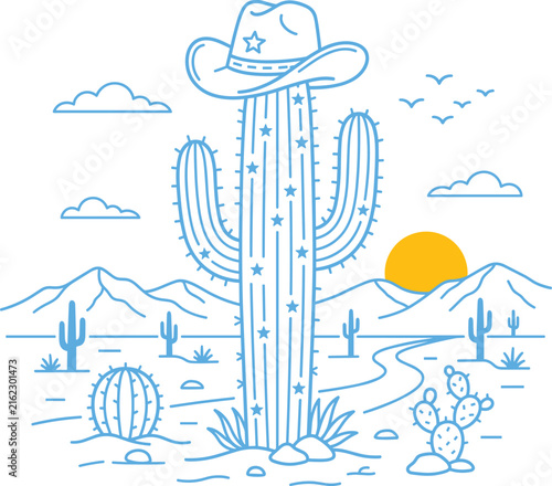Saguaro Cactus with Cowboy Hat Desert Landscape Line Art Vector Illustration