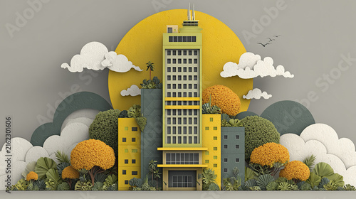 Colorful paper cutout style cityscape with tall buildings, trees, and clouds under bright sun