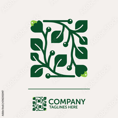 Stylized square vine and leaf ornament in green shades with buds, clean geometric layout