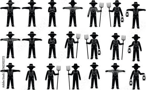 Scarecrow Silhouette Collection with Farming Poses Pitchfork and Lantern Vector Illustration Set