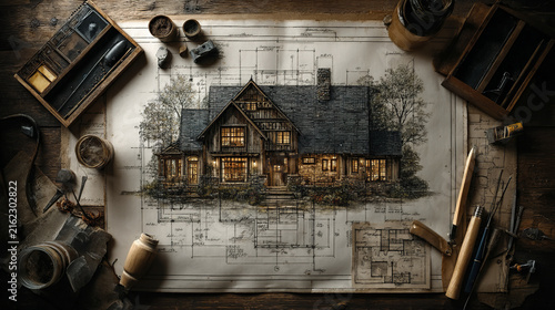 Rustic house blueprint with warm light and vintage tools on wooden table