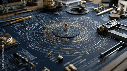 Blueprint with mechanical model and measuring instruments showing detailed design and precision