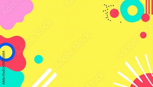 Abstract yellow background with colorful geometric shapes and memphis style patterns