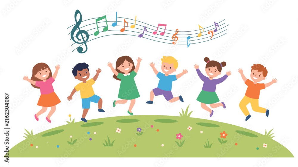 Fototapeta premium Diverse group of happy kids dancing on green grassy hill.