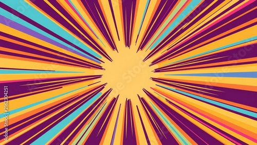 Colorful comic book style radial sunburst background with vibrant orange purple and blue rays