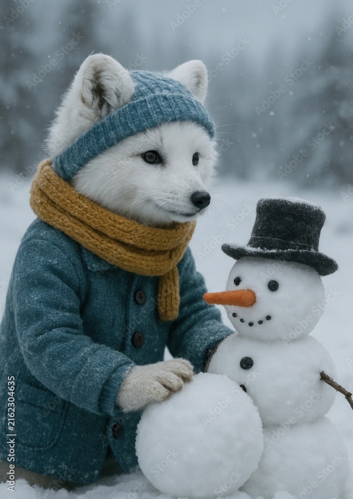 Naklejka premium Adorable fox builds snowman joyfully.