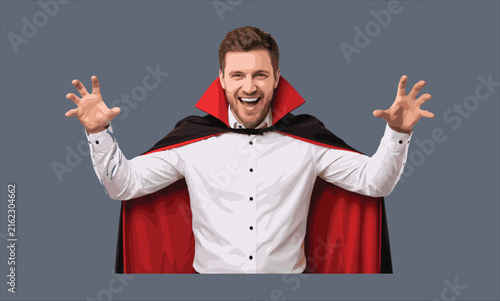 Smiling Vampire Costume Character with Red Cape Halloween Vector Illustration for Party Design
