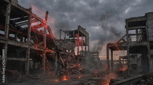 Destroyed industrial concrete building ruins with red holographic warning diagnostics and heat lines for disaster and structural collapse concept.