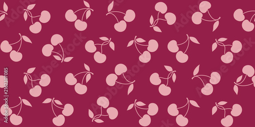 Pink silhouettes of cherries with leaves on a crimson background. Stylish endless texture with kawaii berry. Vector seamless pattern for wrapping paper, giftwrap, surface texture, printing on clothes