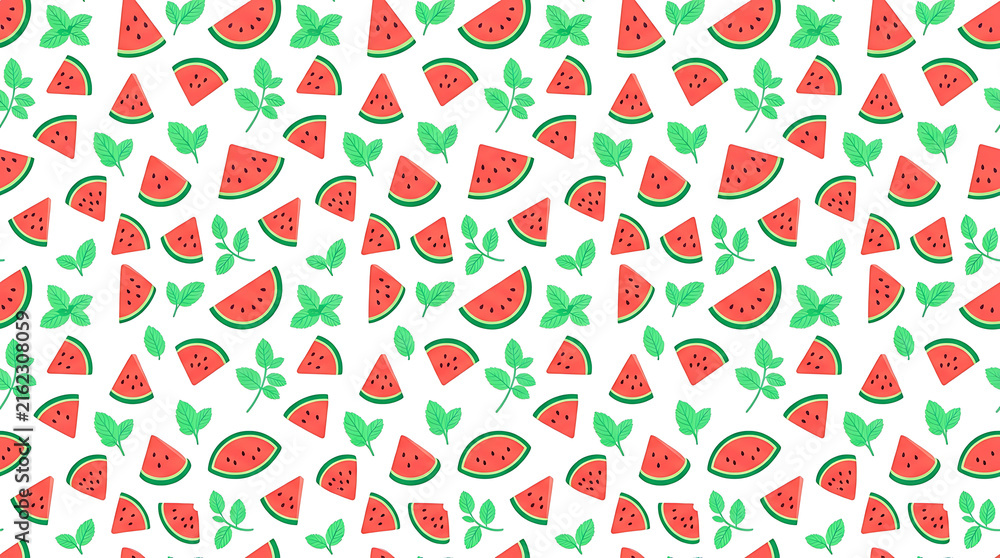 A seamless pattern featuring vibrant red watermelon slices and fresh green leaves scattered on a clean white background, perfect for summer designs.