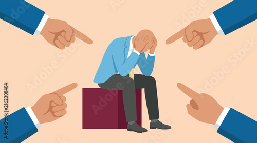 Canvas Print Distressed man targeted by pointing fingers, depicting blame and public shame