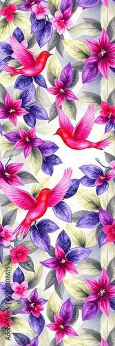 Seamless ditsy pattern featuring watercolor violet leaves with red and pink retro flying birds, sky, illustration