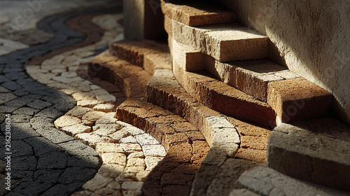 Curved stone steps with textured brick pattern illuminated by warm sunlight creating shadows