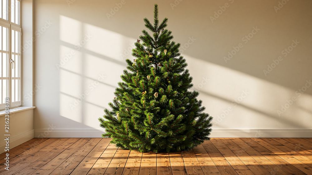 Naklejka premium Bright and fresh Christmas tree stands tall in a sunlit room waiting for decorations Generative AI