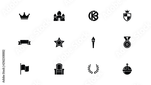 Minimalist icon set featuring prestige authority and achievement symbols in monochrome with four three grid sleek black icons representing regal crowns