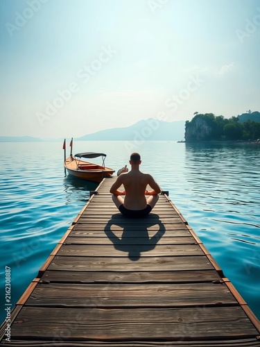 Serene atmosphere on a peaceful dock surrounded by water, featuring lotus yoga pose in meditation, quietude, scenic
