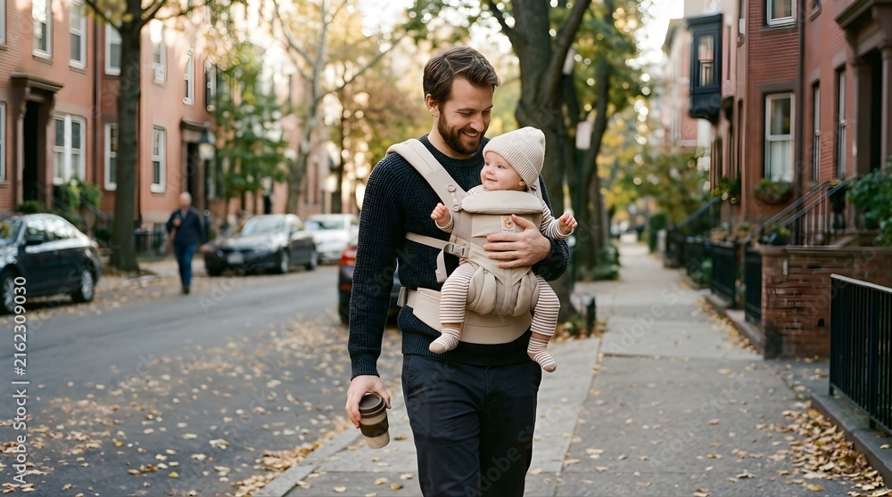 Obraz premium Young father walking with infant in a carrier on a city street in autumn
