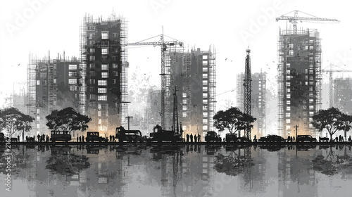 Construction site with cranes and buildings development reflecting water, busy urban scene