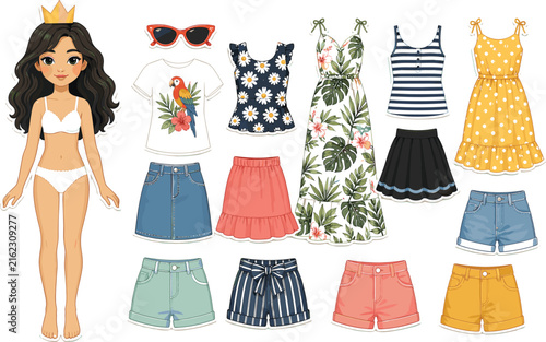 Summer Paper Doll Dress Up Kit with Fashion Outfits and Mix Match Clothing Collection