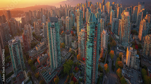 Cluster of tall buildings at sunset aerial view with warm light and urban cityscape