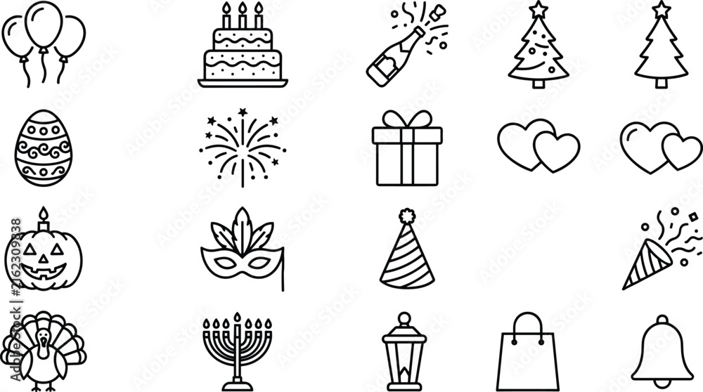 Fototapeta premium Holiday and Celebration Line Art Icon Set with Birthday, Christmas, Halloween, and New Year Festive Event Graphic Design Elements