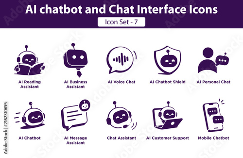 AI Chatbot and Chat Interface Icon Set – Virtual Assistant, Customer Support, Voice Chat and Mobile Chat