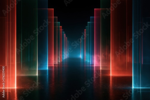 Sci-fi futuristic corridor with illuminated red and blue glowing glass pillars