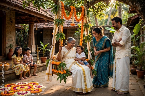Joyful Family Gathering Around a Decorated Onam Oonjal (Swing)