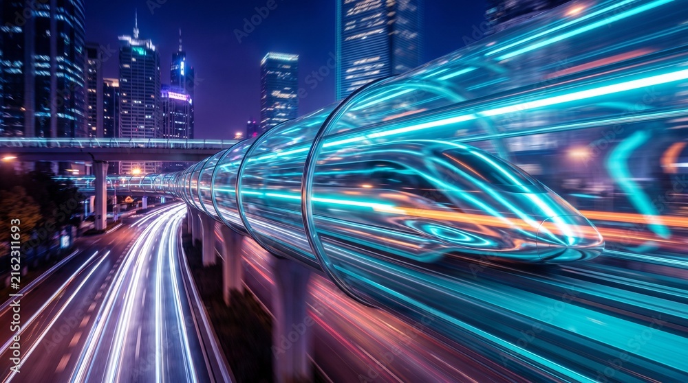 Fototapeta premium Futuristic hyperloop train speeding through glass tube in neon city night skyline