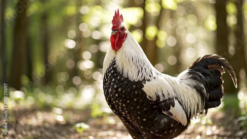 Majestic Rooster Standing Proudly in a Sunlit Forest Clearing.