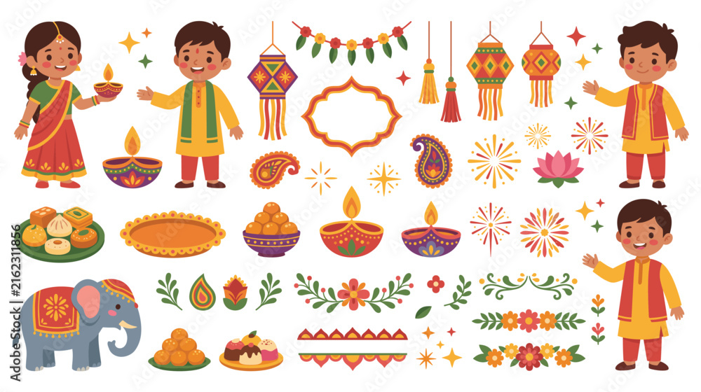 Fototapeta premium Diwali festival colorful icons set for indian celebration.