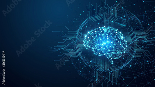 Artificial Intelligence Brain with Neural Network and Digital Circuit Technology on Dark Blue Background