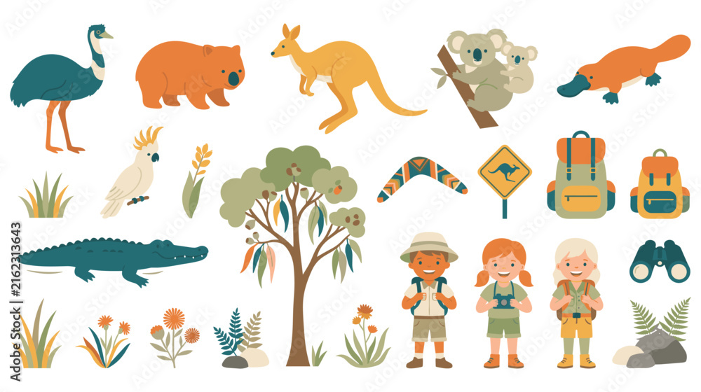 Obraz premium Vibrant Australian scene with animals kids and nature elements.