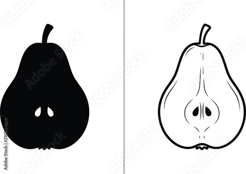 Pear with Detailed and Silhouette Illustrations Showcasing Different Design Styles Featuring Fruit, Illustration, Black with White and Outline