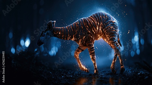 Plakat Glowing okapi creature walking through mystical blue misty forest background