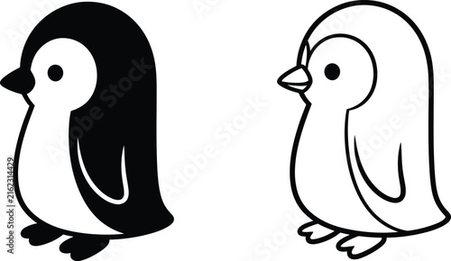 Penguins Standing on Ice, Black and White Illustration