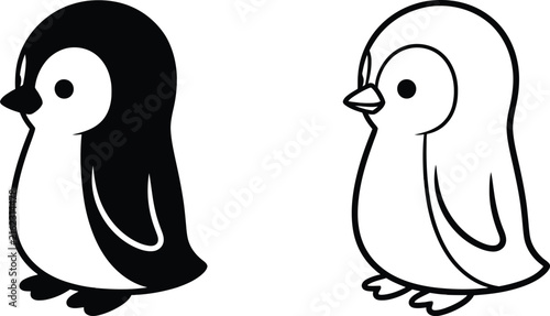 Penguins Standing on Ice, Black and White Illustration