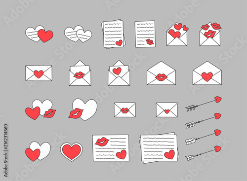 Postal envelopes, sheets of paper with love letters on them; arrows, red hearts and red kisses, isolated on light grey background. Concept of love and romanticism. Vector set for St. Valentine's Day