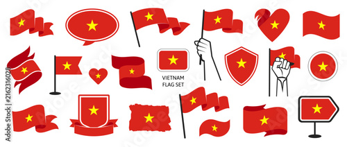 Foto Vietnamese Flags and National Badges Vector Set in Different Styles with Ribbons