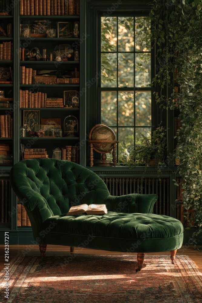 Fototapeta premium Vintage home library interior with green velvet chaise lounge and bookshelves