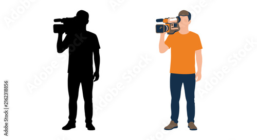 Картината върху платно Cameraman with video camera a flat vector illustration and black silhouette oper