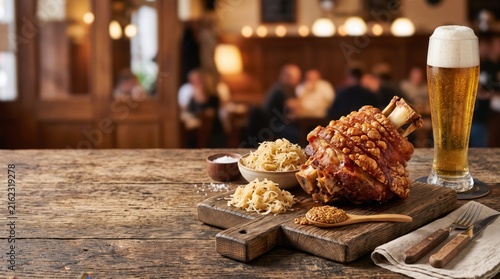 Crispy Bavarian Roasted Pork Knuckle Schweinshaxe with Sauerkraut and Cold Draft Beer