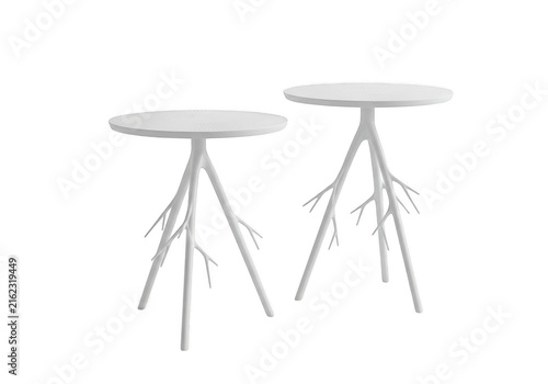 Two modern white side tables with tree branch design isolated on transparent background
