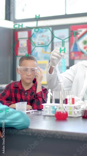 Chemistry formulas over teacher explaining experiment to children in science classroom