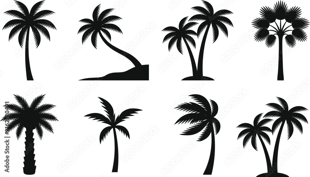 Naklejka premium Palm Tree Silhouette Icon Set Featuring Tropical, Coastal, and Exotic Nature Design Elements