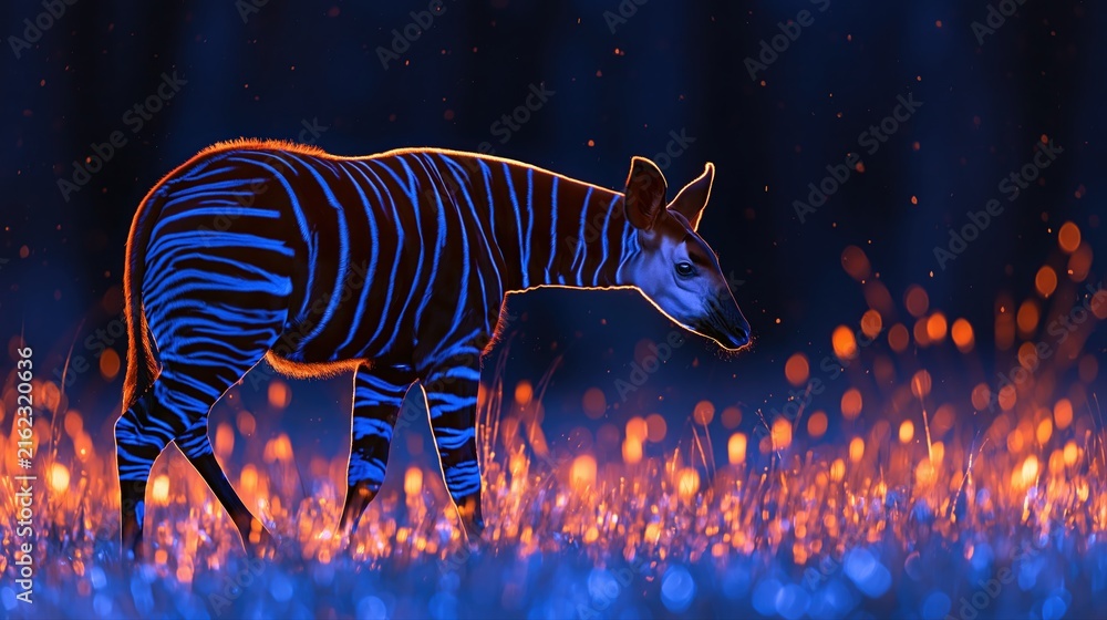 Naklejka premium Night scene of an okapi animal in blue forest with bokeh light spots on the ground grassy field