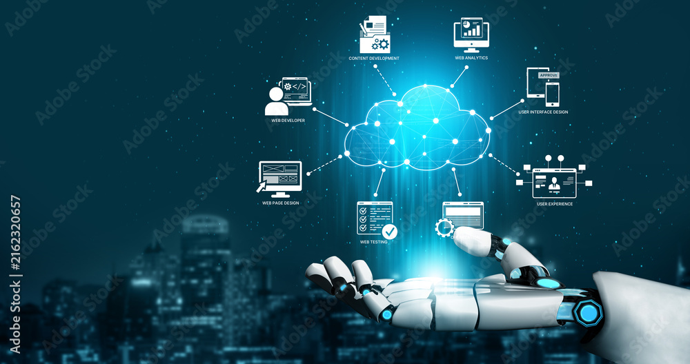 Naklejka premium AI enhances cloud computing with scalable infrastructure, secure data, and smart services to support digital business transformation. Artificial intelligence spline