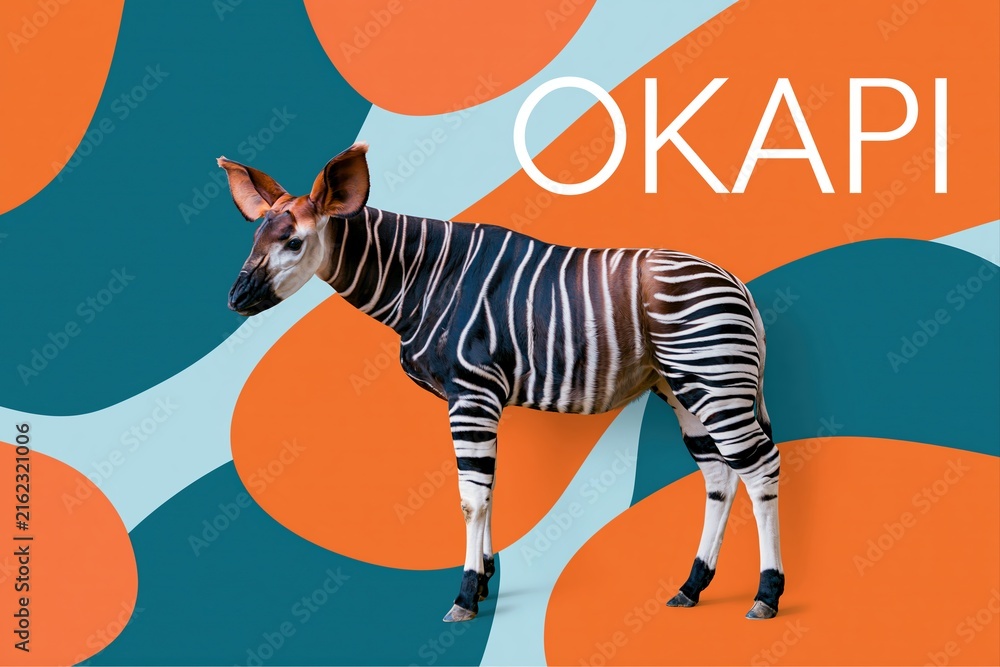 Naklejka premium Okapi Animal Zebra Like Stripe Pattern Portrait in Abstract Background with Color