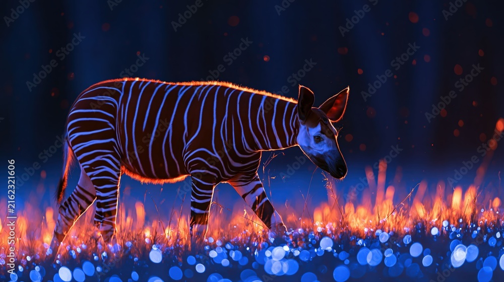 Naklejka premium Okapi walking through mystical glowing blue and orange field
